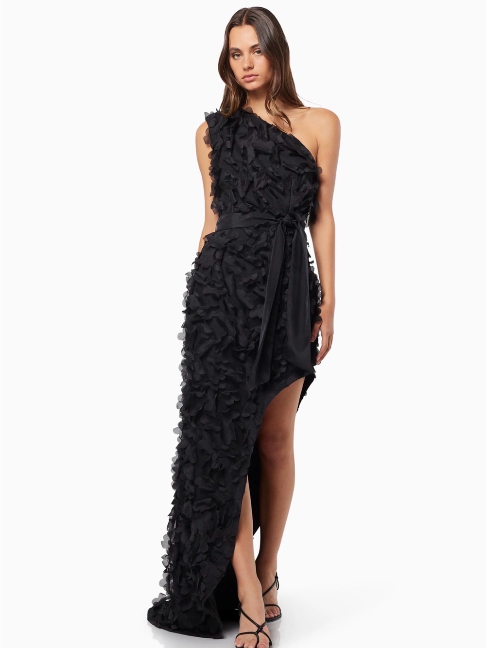 Elliatt Marcia One-Shoulder Black Ruffle Floral Appliqué Evening Dress